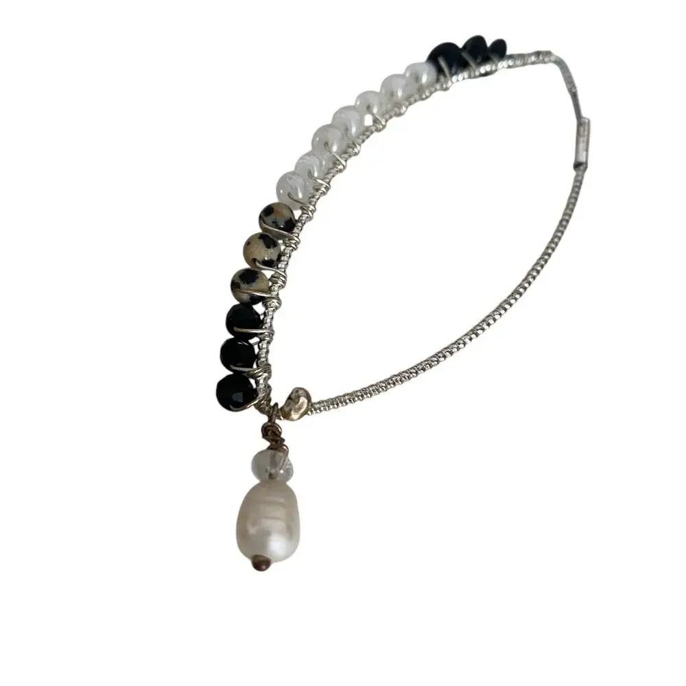 Rare Beaded teardrop Hoop Silver Earrings with pearl at the end